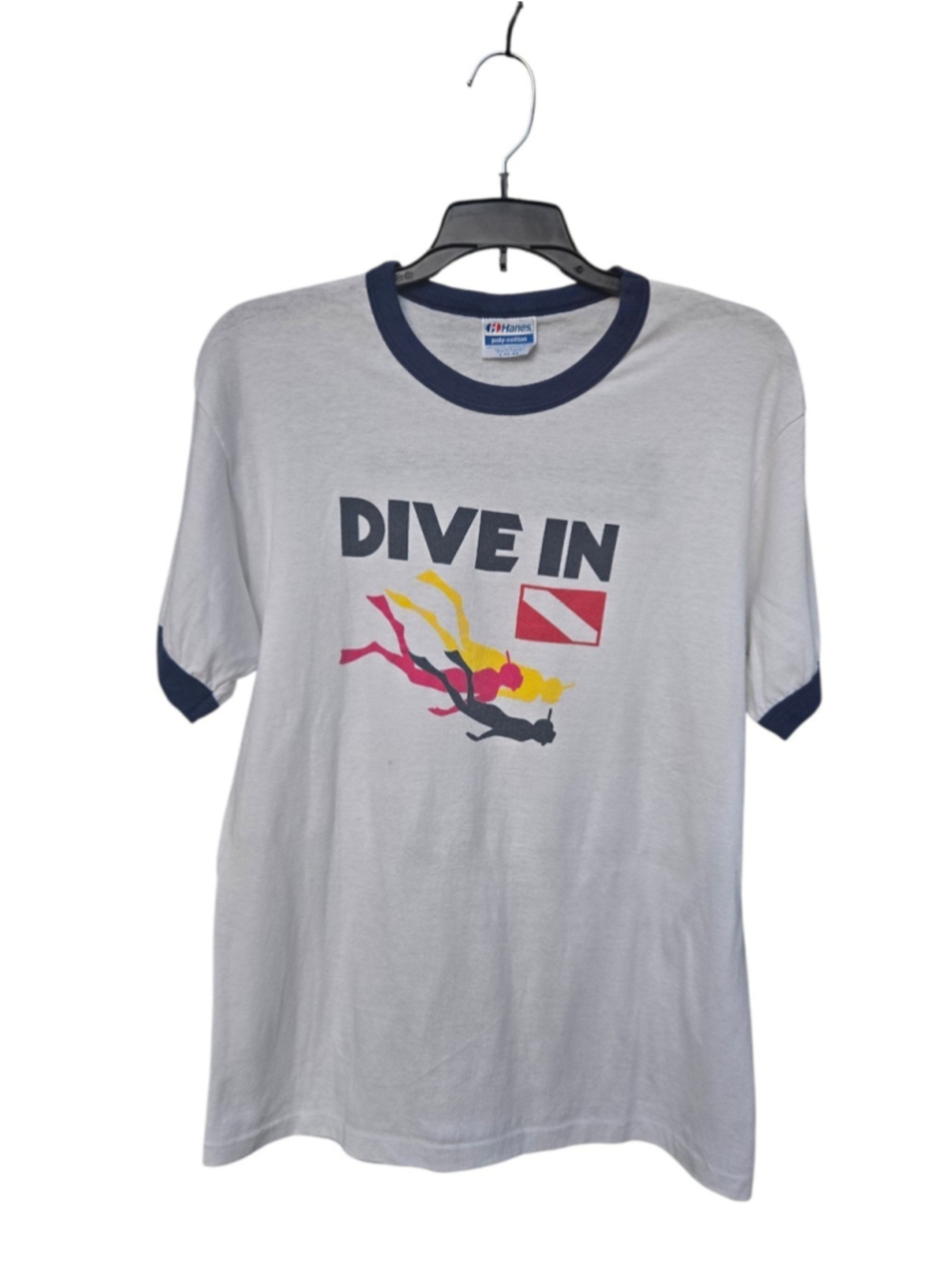 Vtg 80s Hanes Ringer Shirt L Single Stitch NCL Bahamarama Cruises Dive In Scuba
